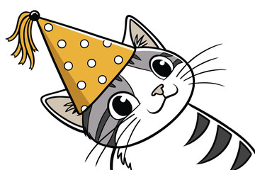 Cute cartoon cat wearing a festive party hat celebrating a birthday or special event