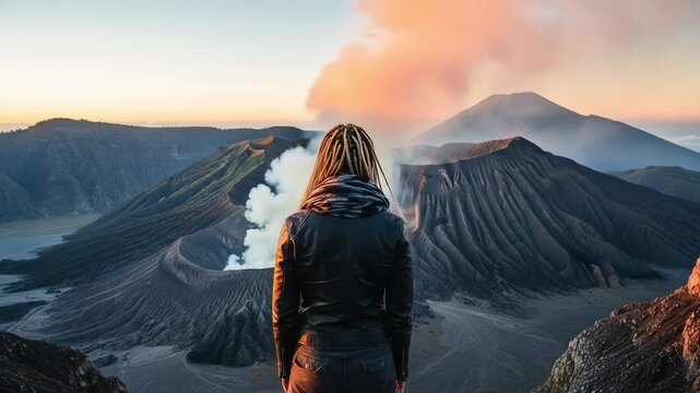 A Young Adult Male Adventurer With Dreadlocks Stands Overlooking the Breathtaking Bromo Volcano Landscape at Sunset in East Java, Indonesia