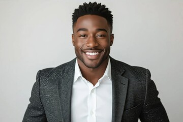A handsome black man with a bright smile wears a suit jacket and white shirt against a light gray background