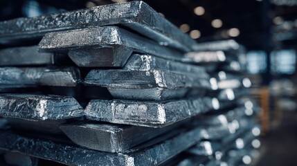 Stacked silver ingots or bars of precious metal on industrial storage shelves in a warehouse setting.
