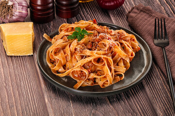 Italian pasta bolognese with beef minced meat