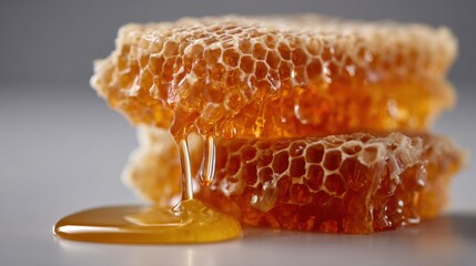 Close-up of honey dripping from a honeycomb with golden sweet sticky liquid.