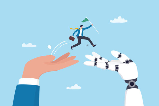AI adoption or implementation to success, change or transformation using Artificial Intelligence innovation to help business achievement, businessman hold winning flag jump from human hand to AI hand.