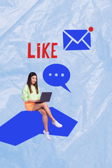 Creative artwork template sketch image 3D collage of young lady sit hold laptop like envelope...