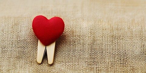 Red Heart on Wooden Clothespin Rustic Burlap Background