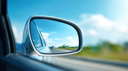 Naklejka premium Reflective car side mirror showing blurred landscape with blue sky and clouds.