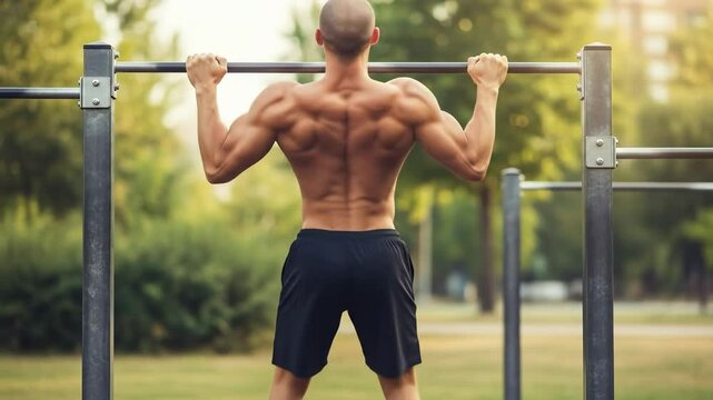 A muscular adult male performing pull-ups on a bar in a sunny outdoor park, showcasing strength, fitness, and dedication to physical exercise