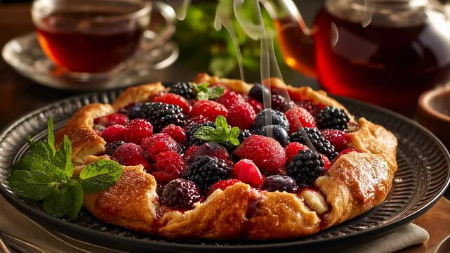 Berry galette with fresh mint served alongside warm tea in a cozy setting