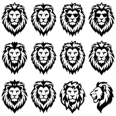 Fototapeta premium Vector illustration set of nine stylized black lion head designs in different expressions and angles, showcasing bold line art and intricate mane detailing on a white background.