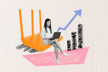 Full 3d poster art collage of happy businesswoman freelancer hold laptop arrow development sit wifi...