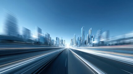 Obraz premium Modern cityscape with tall skyscrapers and dynamic motion blur at dusk.