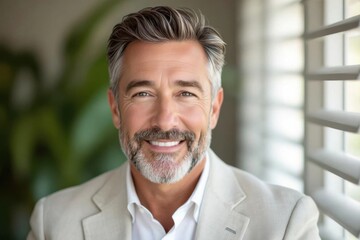 Smiling mature man with salt and pepper hair and beard wearing a light colored blazer indoors