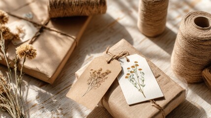 Fototapeta premium Handmade gift wrapping with natural twine, paper tags, dried flowers, and craft supplies for eco-friendly gift packaging.