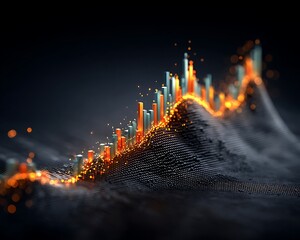 Abstract data visualization with rising bars and glowing particles on a dark textured surface