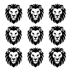 Vector illustration set of nine stylized black lion head designs in different expressions and angles, showcasing bold line art and intricate mane detailing on a white background.

