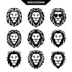 Obraz premium Vector illustration set of nine stylized black lion head designs in different expressions and angles, showcasing bold line art and intricate mane detailing on a white background.