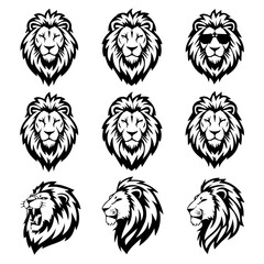 Vector illustration set of nine stylized black lion head designs in different expressions and angles, showcasing bold line art and intricate mane detailing on a white background.

