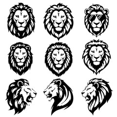 Vector illustration set of nine stylized black lion head designs in different expressions and angles, showcasing bold line art and intricate mane detailing on a white background.

