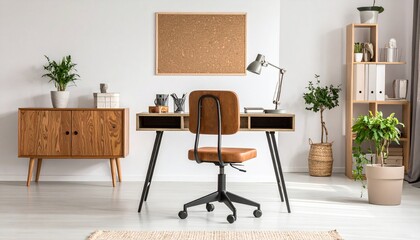 A minimalist eco home office featuring a recycled wood desk, cork inspiration board, and ergonomic chair under soft daylight, creating a calm, organized, functional, and sustainable workspace optimize