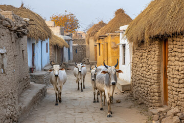 a group of cows walking down a street next to a stone building with thatched roof and doors and windows