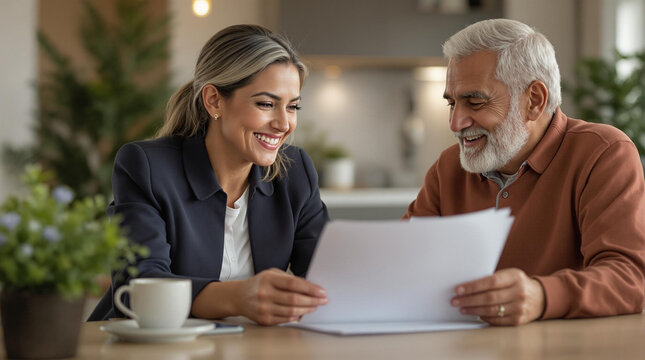 Consultora de seguros hispana explicando documentos a una pareja de ancianos con una sonrisa