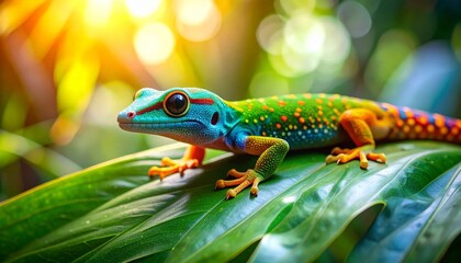 Fototapeta premium Gecko rests on large leaf.