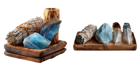 Sage Smudge Cleansing Kit with blue crystal, feather, and rustic wooden tray styled for smoke rituals, altar cleansing, and sacred energy purification in natural earthy tones
