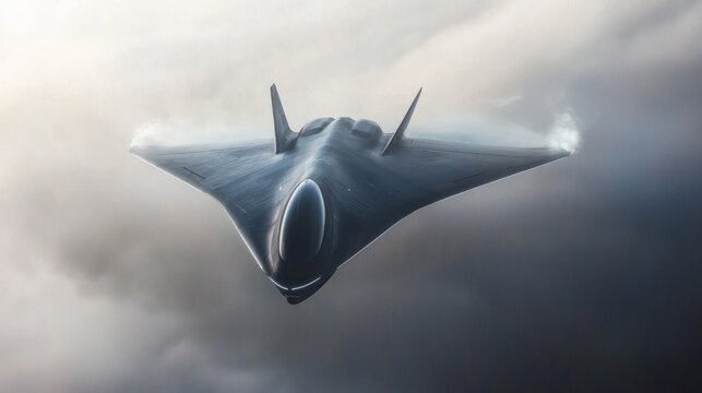 Sixth Generation Stealth Fighter Jet in Flight Above Clouds