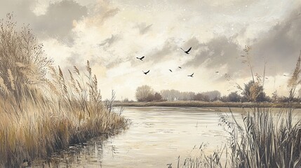 A quiet riverbank with reeds swaying in the breeze and birds flying above.