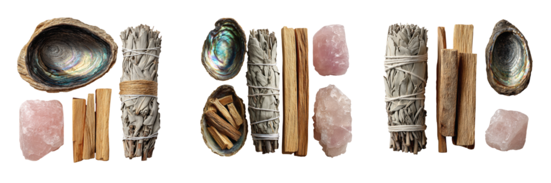 Sage Smudge Cleansing Kit with abalone shell, palo santo, and rose quartz in a minimalist spiritual flat lay for energy clearing and calming rituals
