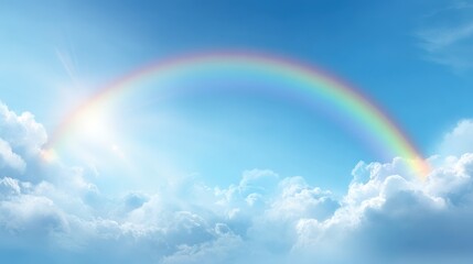 Bright rainbow arching across a clear blue sky with fluffy white clouds and sunlight.