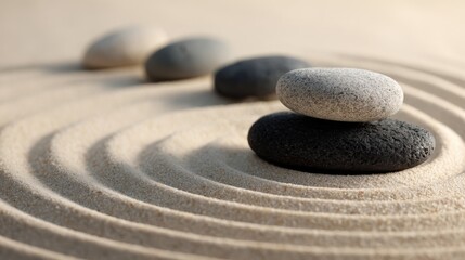 Peaceful Zen Garden with Balanced Stones on Raked Sand Landscape for Meditation.