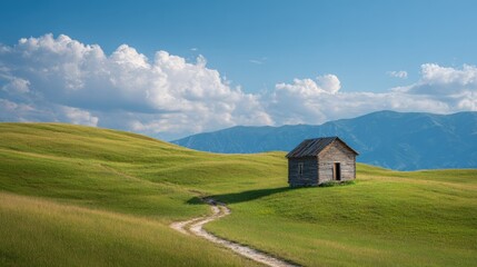 Obraz premium Beautiful rural landscape with rolling green hills and small wooden house under blue sky.