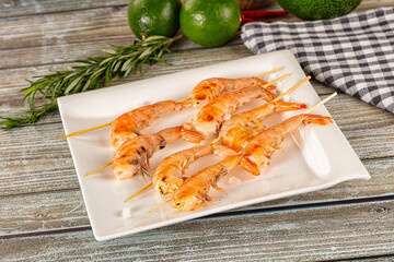 Asian cuisine tiger prawn grilled skewers