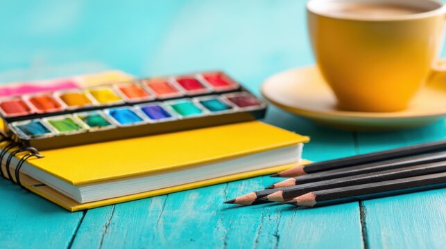 Bright watercolor set with paint palette notebook and pencils on wooden table. - Powered by Adobe