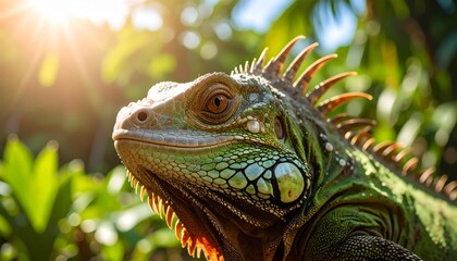 Fototapeta premium Iguana basks in warm tropical sunlight