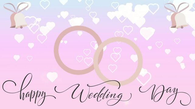 Happy wedding day - card on Animated shining heart shapes background with bell and wedding rings video