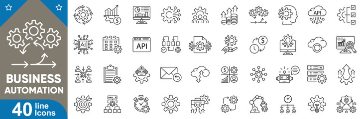 Business automation icons set. Workflow, automation, robot process, task management, integration, smart system, cloud sync, data analysis, API connection and more. Vector illustration