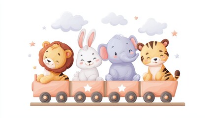 Fototapeta premium Cute cartoon animals, including a lion, rabbit, elephant, and tiger, riding in a colorful train with clouds in the background.
