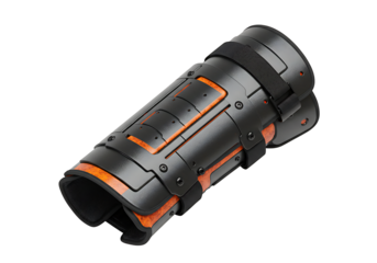 A matte black forearm guard with orange accents and black straps set against a black backdrop