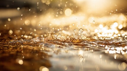 Close-up of water droplets splashing and glistening in golden sunlight with bokeh effect.