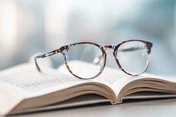 Open book with eyeglasses resting on pages