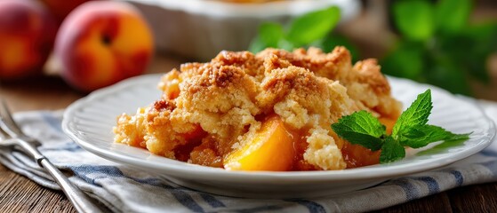 Delicious homemade peach cobbler with fresh mint garnish on a rustic wooden table Warm and comforting dessert concept for summer baking and seasonal fruit recipes
