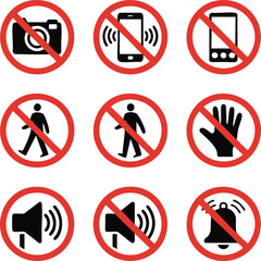 Prohibited Activities Warning Signs Set With Red Circle Slash Symbols Showing No Camera Phone Walk Noise And Hand Gesture

