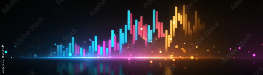 Poster colorful abstract representation of data visualization with bars and glowing elements on a dark back