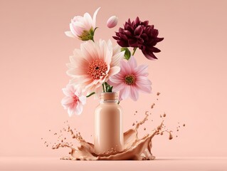 Elegant floral arrangement with pink and maroon dahlias and blossoms in a glass bottle on a soft pink background. © Generative AI
