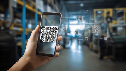 Modern smartphone displaying QR code scanning technology in a warehouse environment.