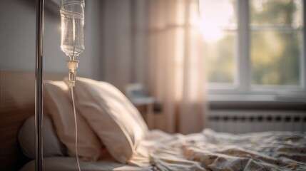 Comfortable hospital bed with an intravenous drip stand in a bright room with large window sunlight.