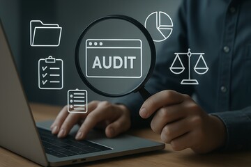 Person using a laptop with icons representing audit process data analysis and legal compliance