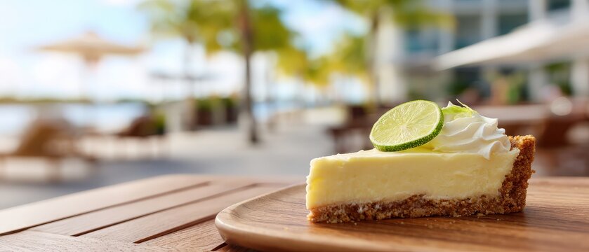 Delicious Key Lime Pie slice with whipped cream and lime garnish on wooden table at outdoor cafe Concept of dessert, vacation, and indulgence